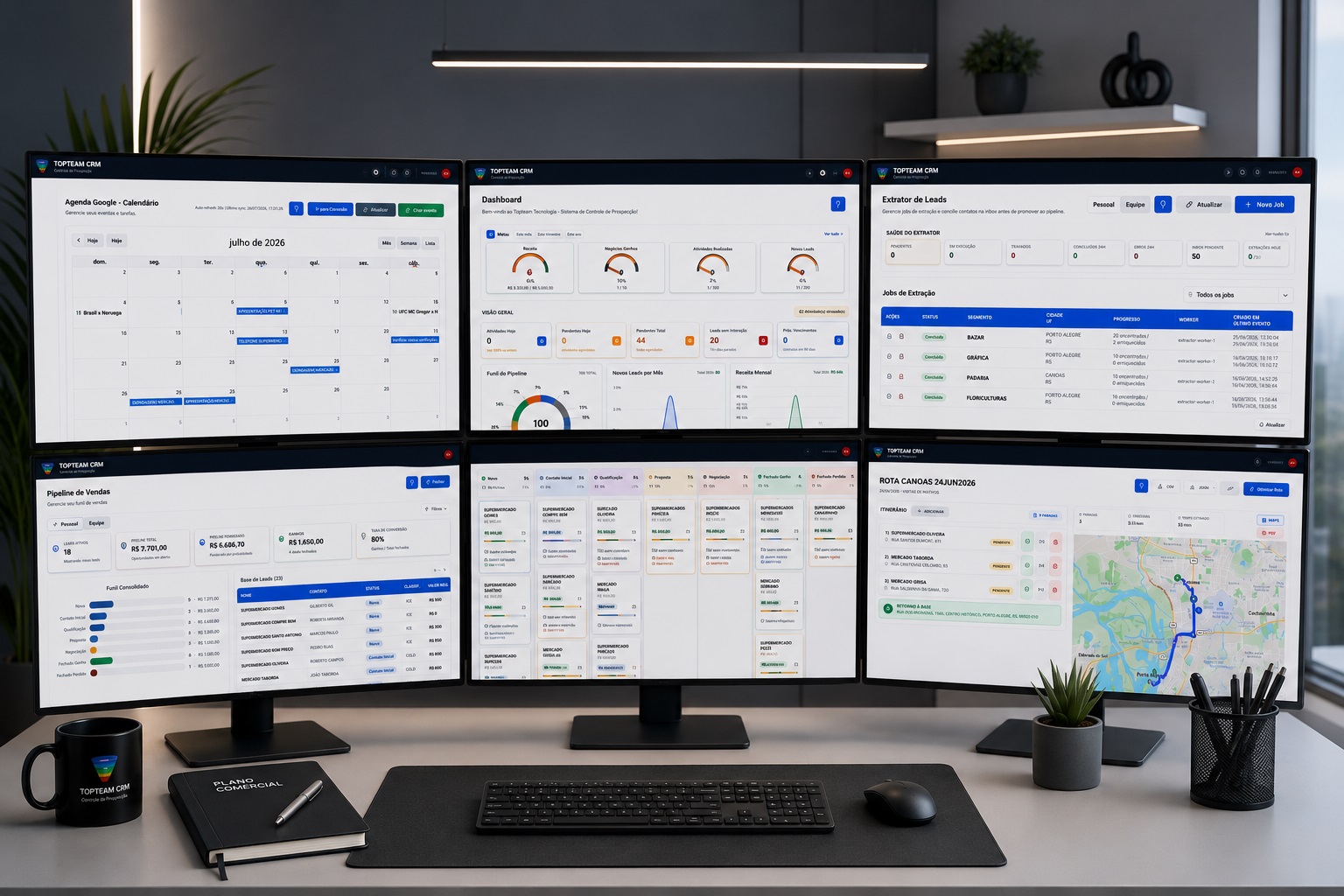 Telas do TopTeam CRM em uma bancada de trabalho: agenda, dashboard, extrator de leads, pipeline de vendas e roteirização de visitas